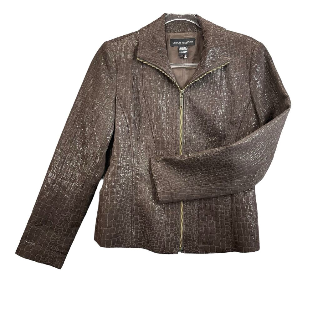 Leslie Stuart Women's Jacket Size 8 Brown Faux Snakeskin Zip